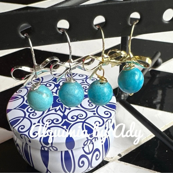 Sleeping beauty Turquoise big oversized spheres bow dangle earrings - Picture 3 of 7